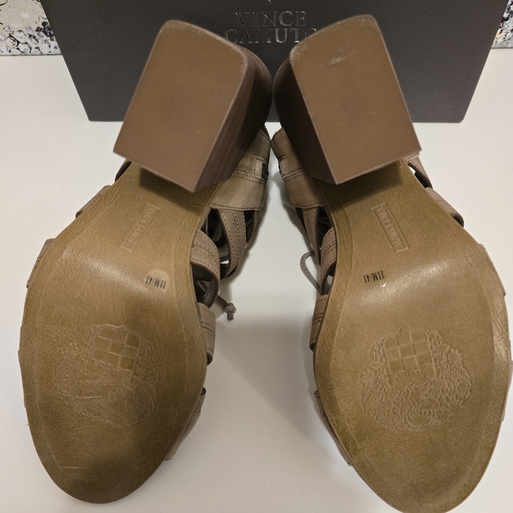 VINCE CAMUTO Tan Chunky Heel Laceup Sandals Tassles Detail Zipup Sides Size 11 - Picture 13 of 17